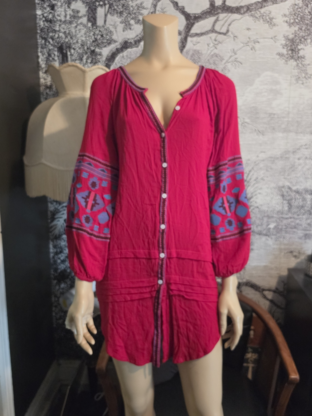 R.Vivimos Red Boho Embroidered Button-Down Mini Dress Tunic - Size S